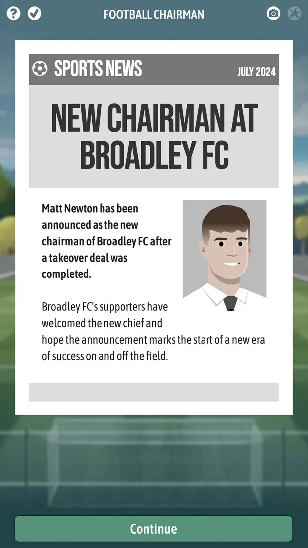 Ekran gazety sportowej z nagłówkiem o nowym prezesie fikcyjnego klubu Broadley FC, zrzut ekranu z Football Chairman Pro 2